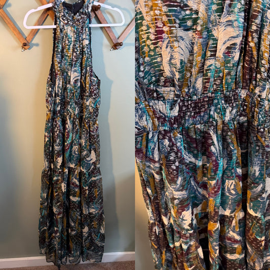 Anthropologie Somerset Halter Maxi Dress Metallic Print, Size Large NWT