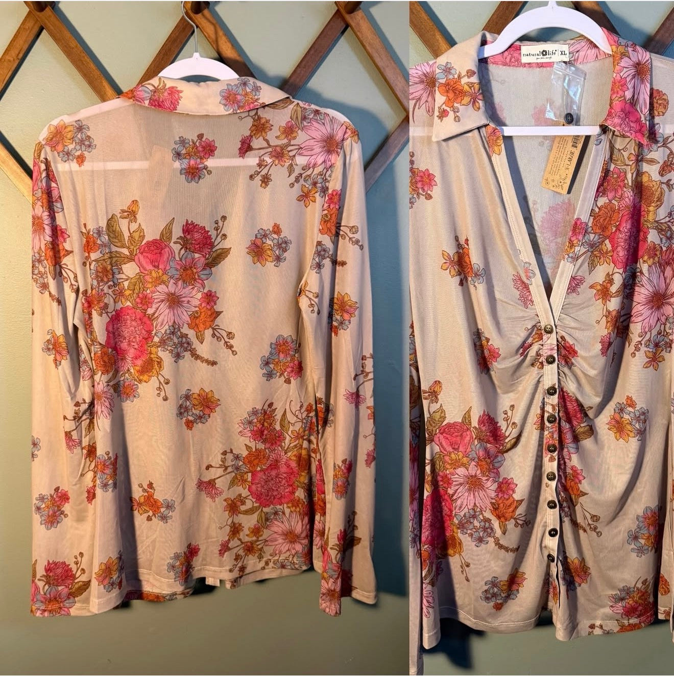 Natural Life English Garden Floral Sheer Button-Front Blouse, NWT, Size XL