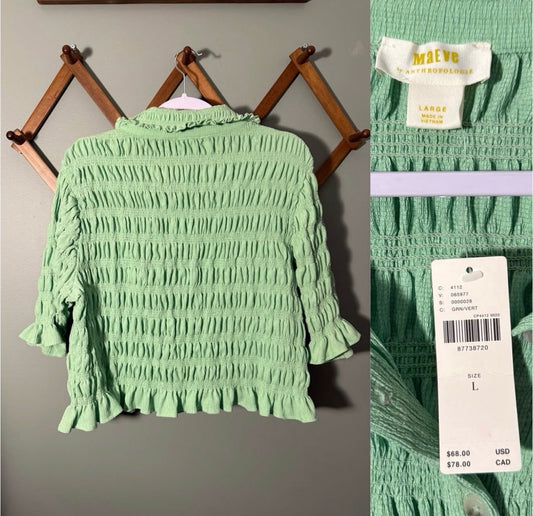 Maeve by Anthropologie Smocked Ruffle Top Green, Size Large NWT