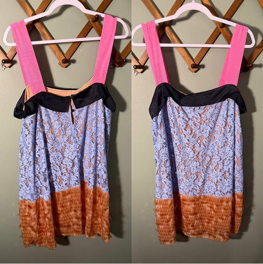 Maeve by Anthropologie Lace Dress Pink Strap Blue Floral, size Large NWT