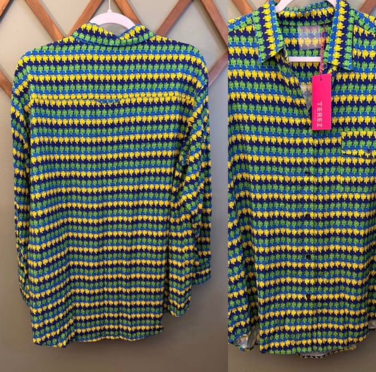 Terez Margarita Crochet Print Button-Up Blouse, Green & Yellow, Size Medium NWT
