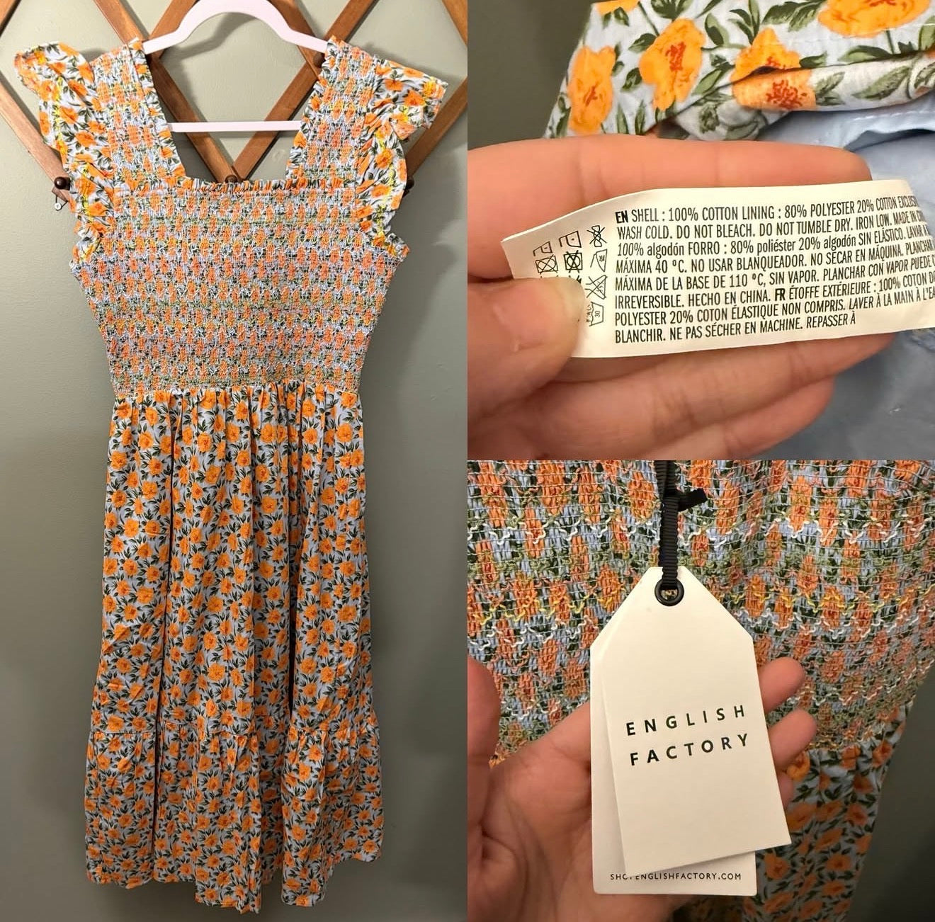 English Factory Smocked Floral Midi Dress, Blue & Orange Floral, Size Small NWT