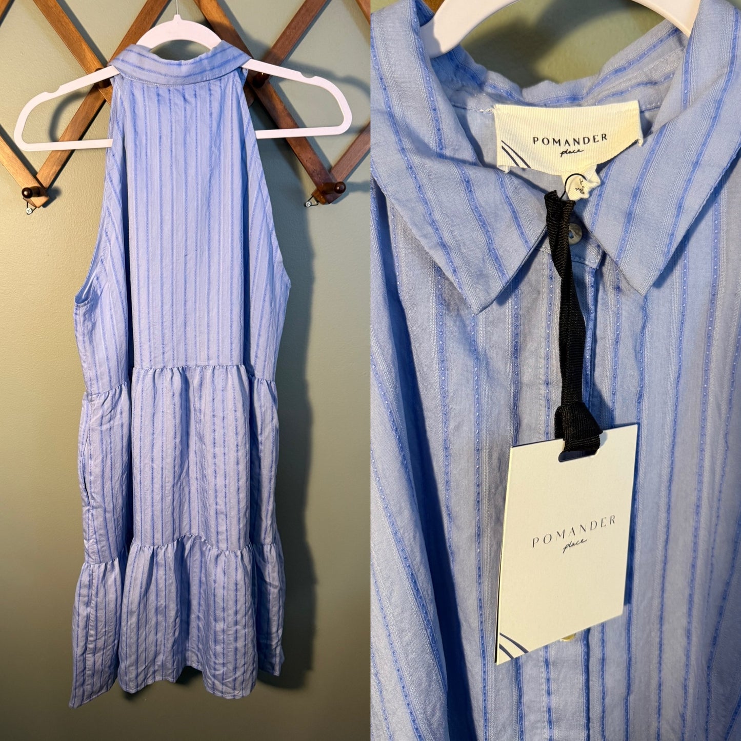 Pomander Place Seersucker Mini Dress Blue Stripe Sailor, Size Large NWT