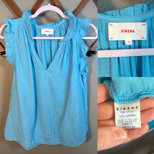 Xirena 100% Cotton Sleeveless Ruffle Top Blue, Size Medium