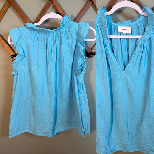 Xirena 100% Cotton Sleeveless Ruffle Top Blue, Size Medium