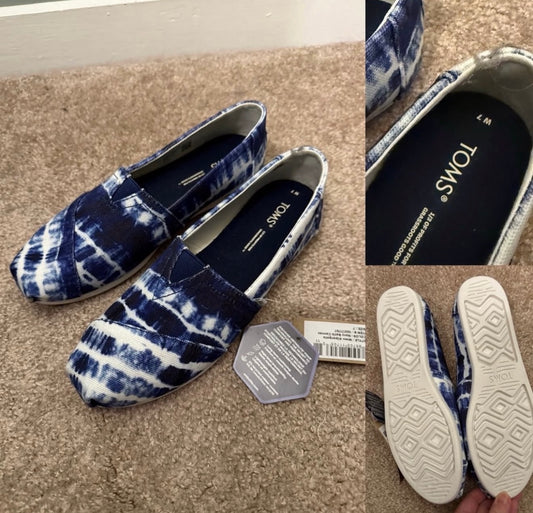 TOMS Alpargata Slip-On Shoes Blue White Tie-Dye, Size 7 NWT