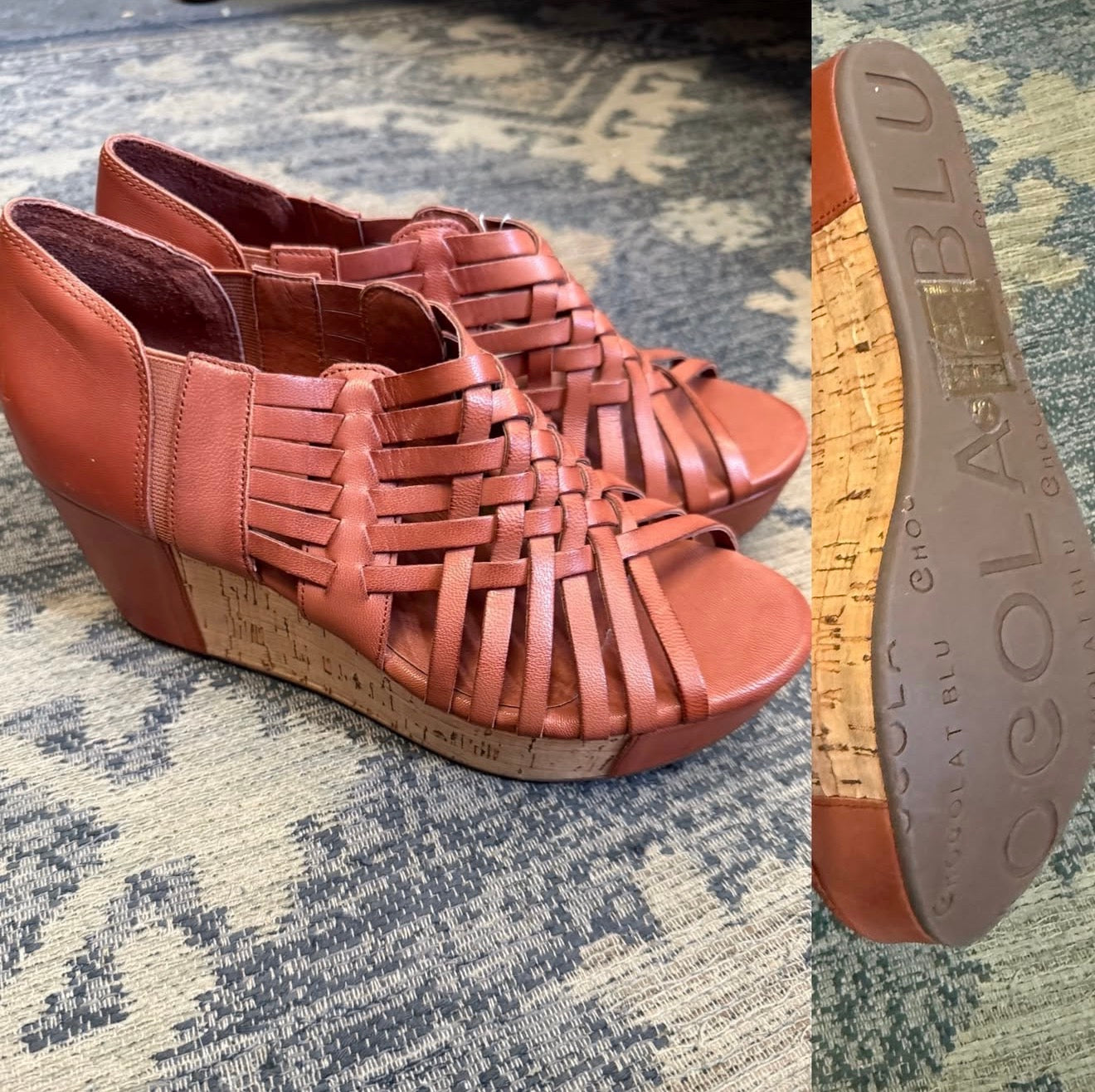 Chocolat Blu Winix Leather Strappy Cork Wedge Sandals Brown, Size 7.5