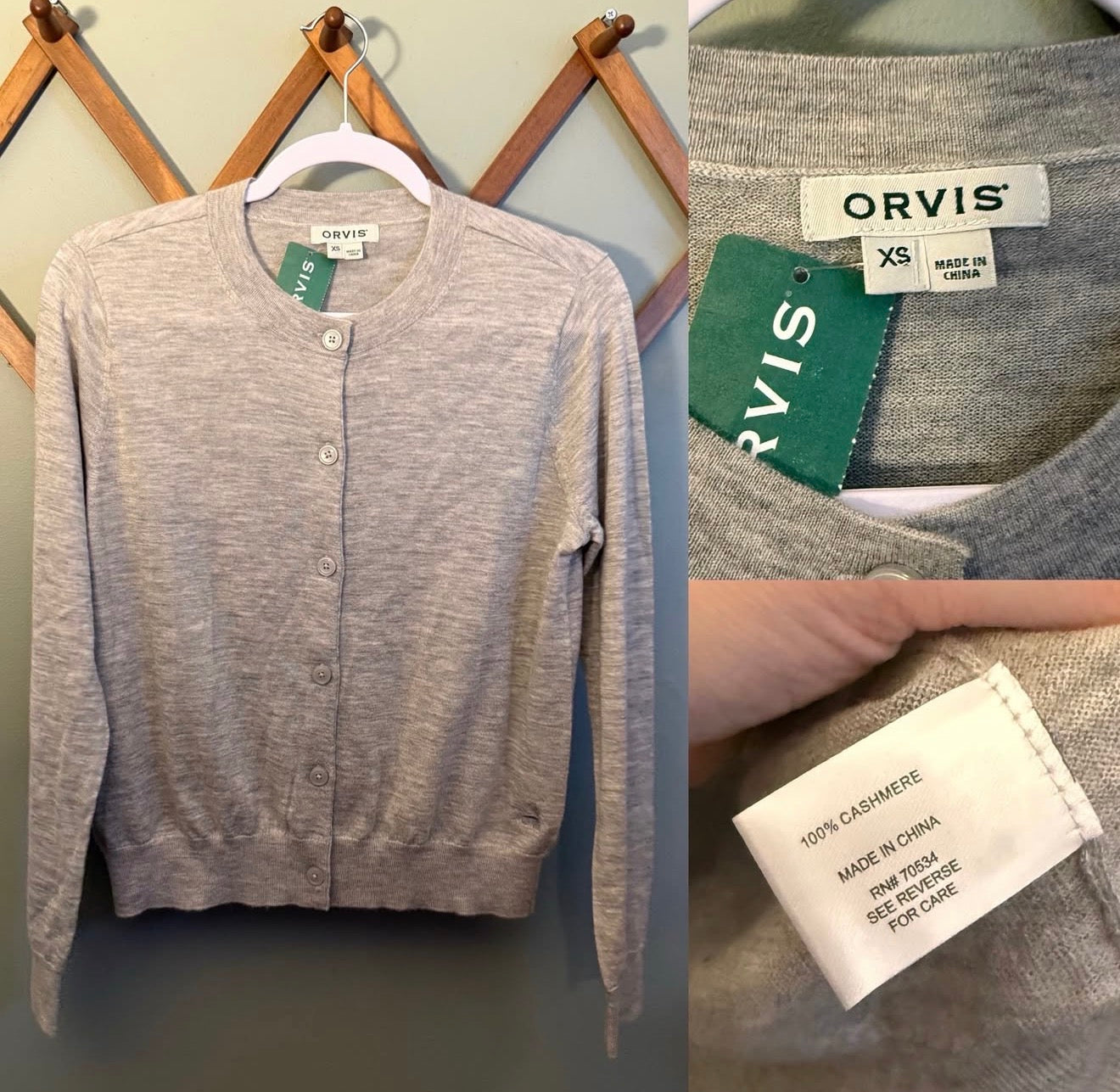 ORVIS 100% Cashmere Button Front Cardigan Heather Grey NWT, XS