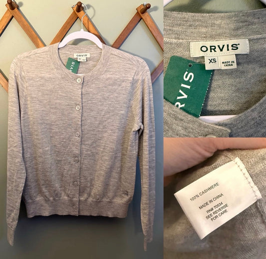 ORVIS 100% Cashmere Button Front Cardigan Heather Grey NWT, XS