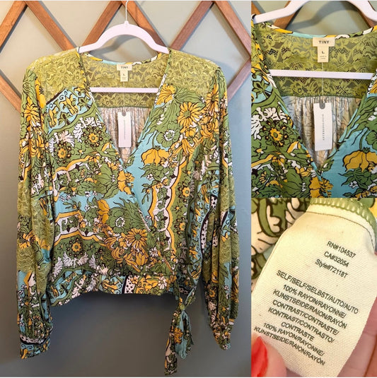 Tiny for Anthropologie Green Floral Lace Trim Wrap Top, NWT, Size Large