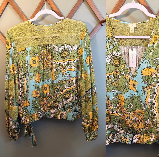 Tiny for Anthropologie Green Floral Lace Trim Wrap Top, NWT, Size Large