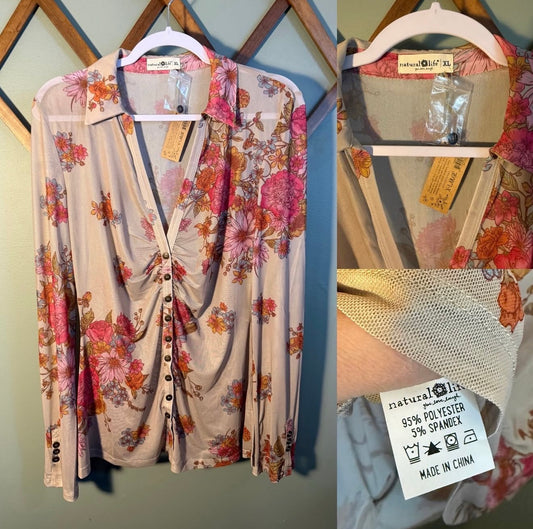 Natural Life English Garden Floral Sheer Button-Front Blouse, NWT, Size XL
