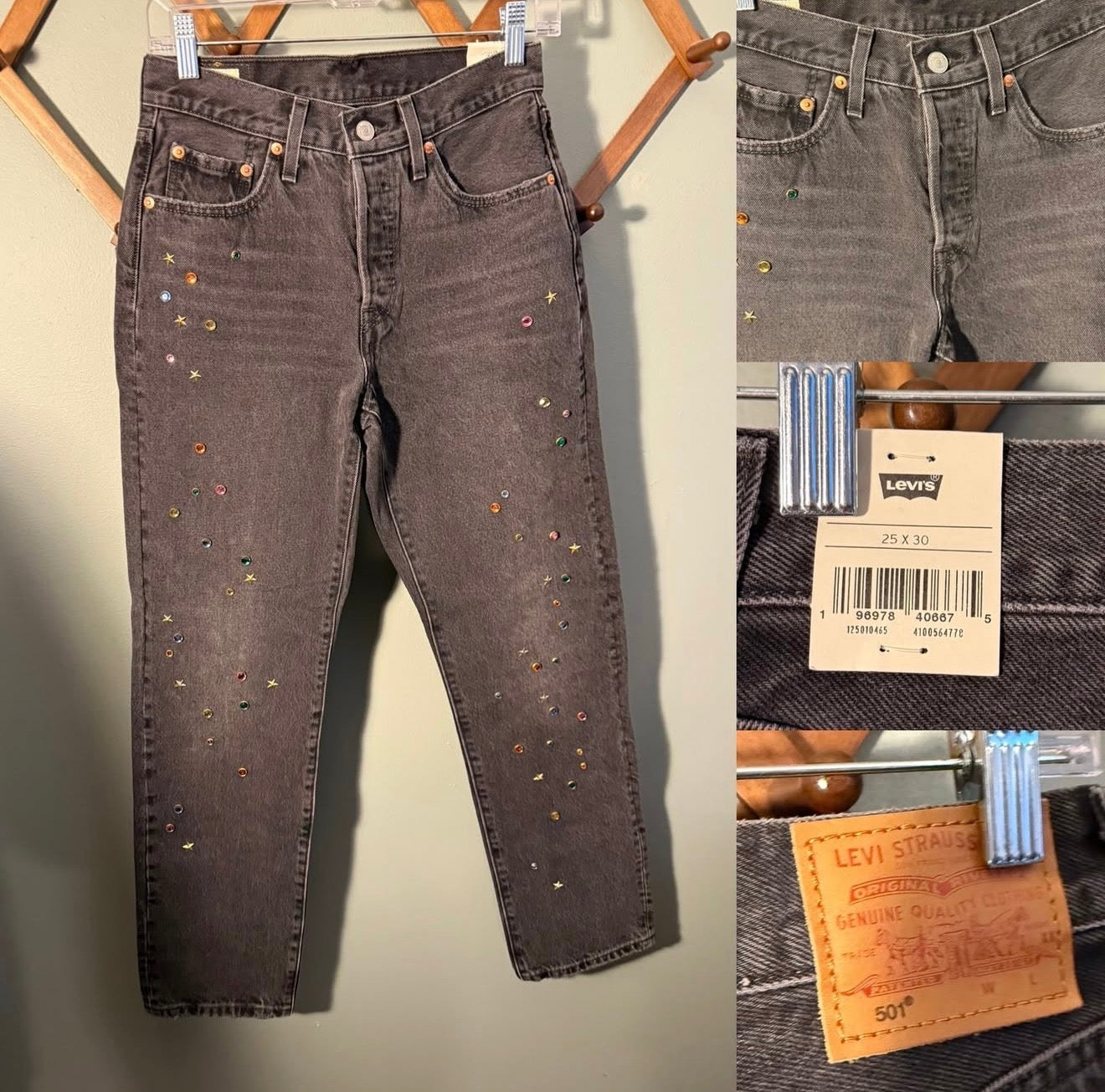 Levi's 501 Original Fit Studded Black Jeans, NWT, 25x30