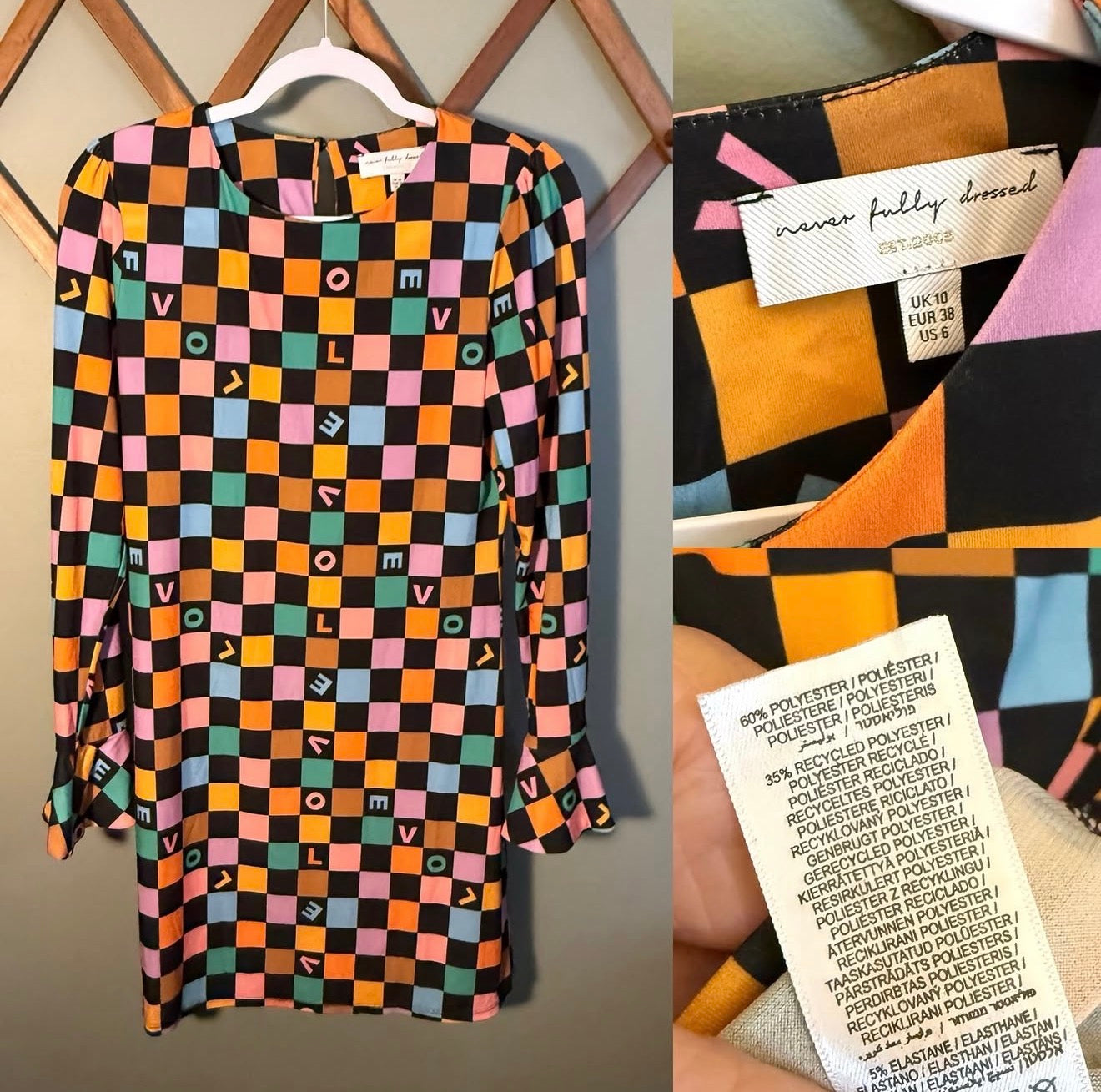 Never Fully Dressed "Love" Checkerboard Mini Dress Pastel, Size 6