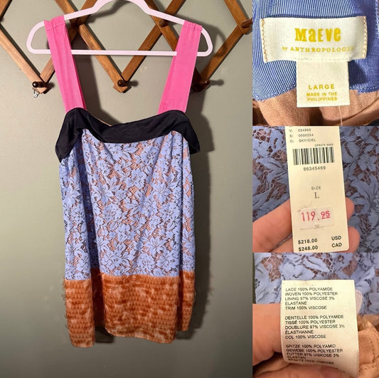 Maeve by Anthropologie Lace Dress Pink Strap Blue Floral, size Large NWT