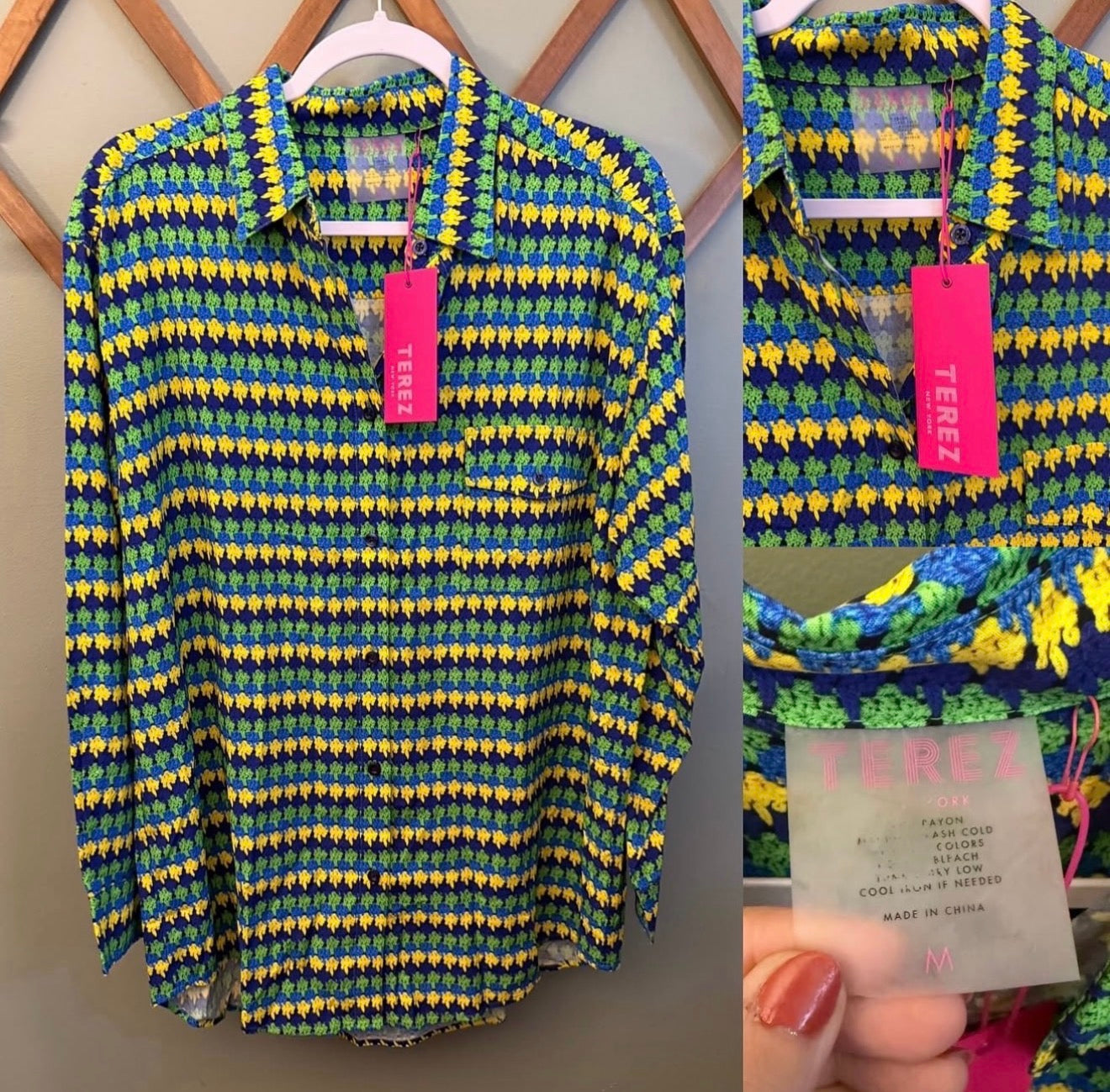 Terez Margarita Crochet Print Button-Up Blouse, Green & Yellow, Size Medium NWT
