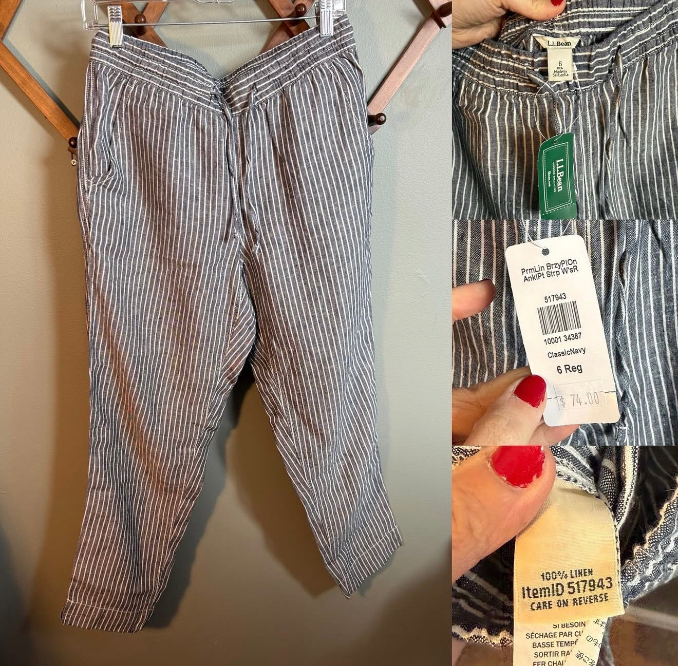 L.L.Bean Linen Drawstring Pants, Navy & White Striped, Size 6 NWT