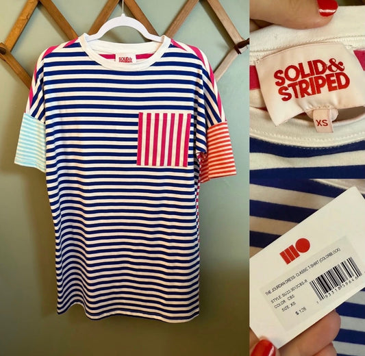 Solid & Striped Colorblock Blue Pink Striped T-Shirt Dress, Size XS NWT