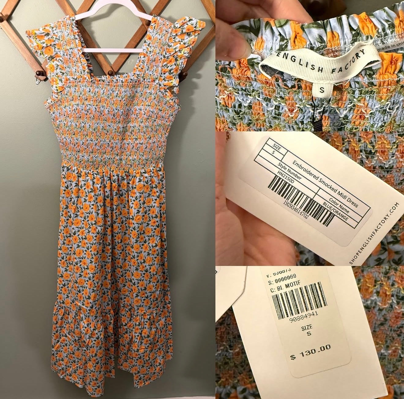 English Factory Smocked Floral Midi Dress, Blue & Orange Floral, Size Small NWT
