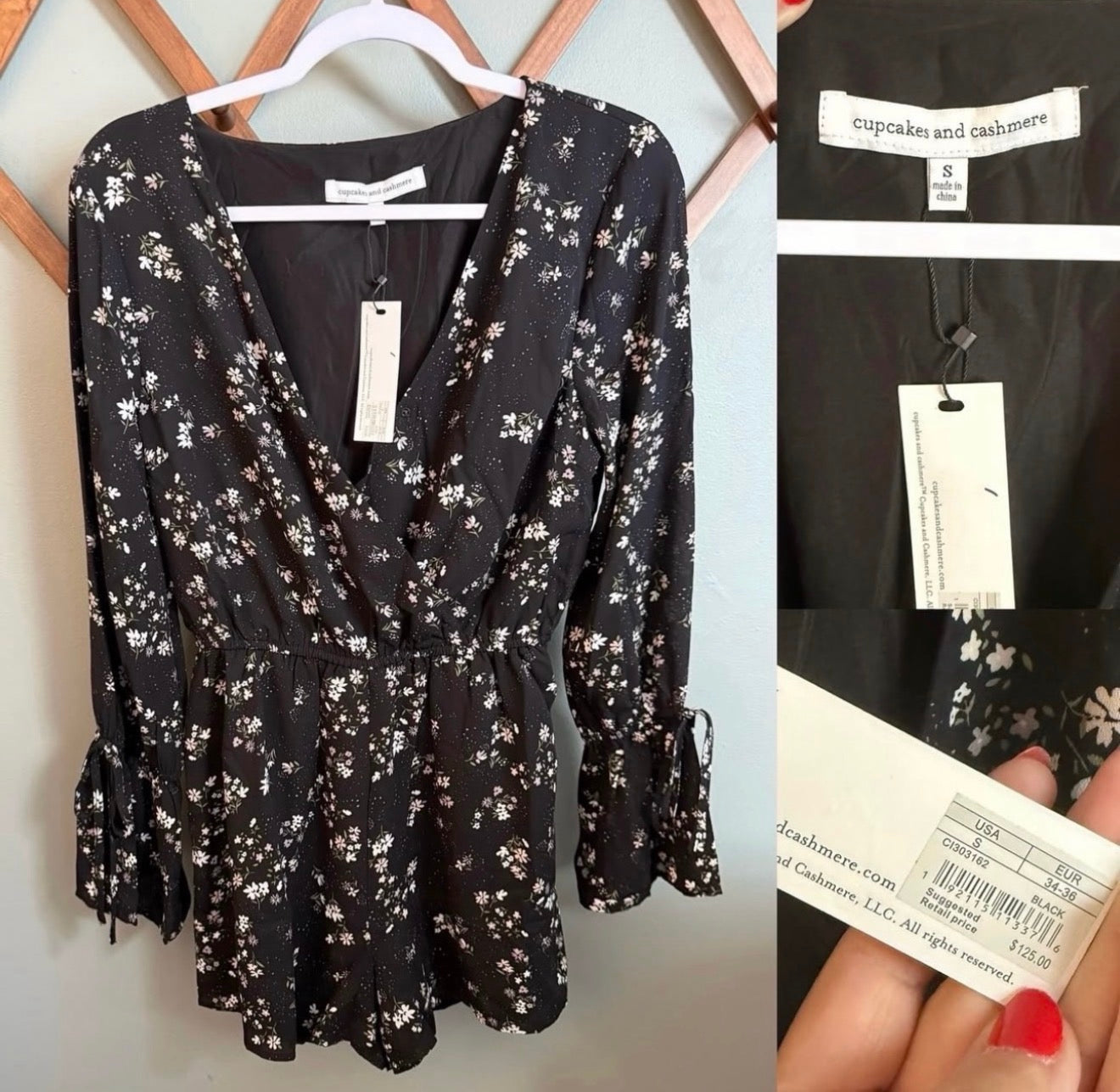 Cupcakes and Cashmere Black Floral Long Sleeve Romper, Size Small NWT