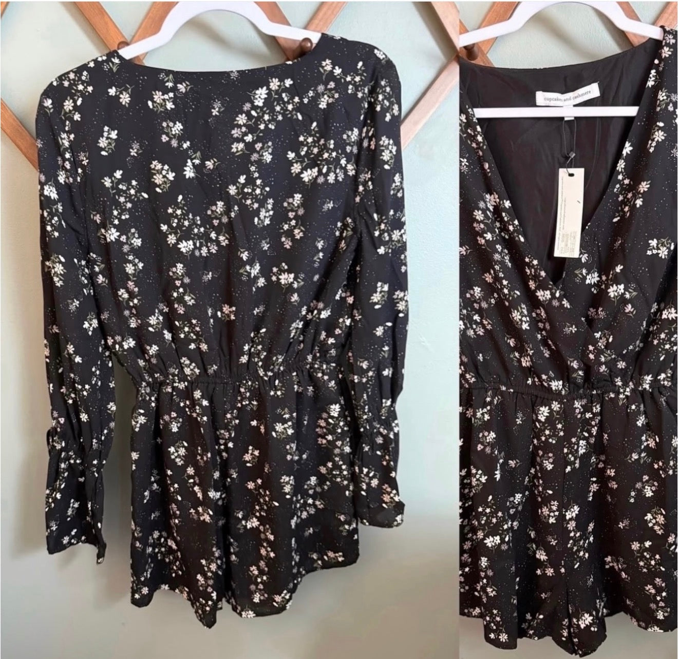 Cupcakes and Cashmere Black Floral Long Sleeve Romper, Size Small NWT